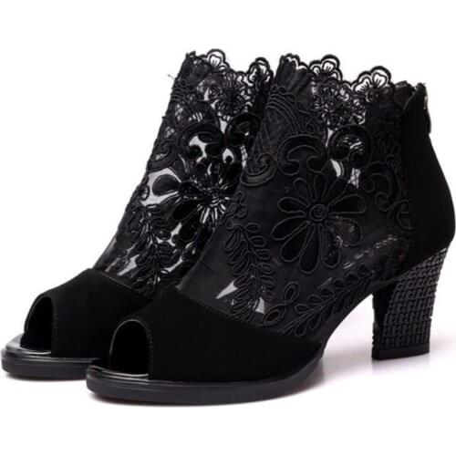 Fish Mouth Shoes Lace Silk Gauze Breathable Womens Sandals 2021 New Mid-heel Sandals Woman Roman Thick Heel Casual High Heels