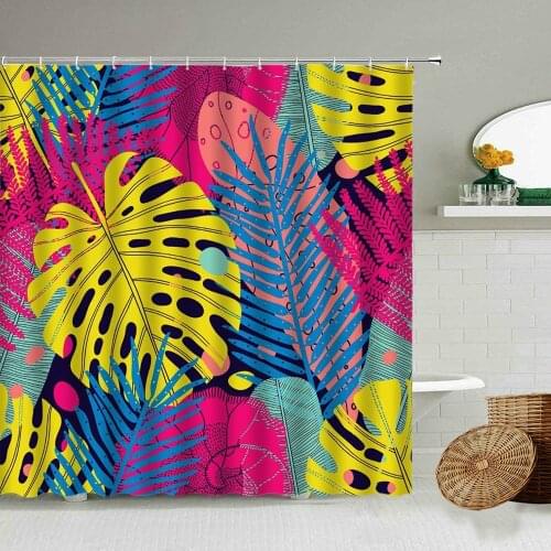 Colorful Leaf Shower Curtain Tropical Plant Foliage European Style Bathroom Decor With Hook Hanging Waterproof Screen Washable