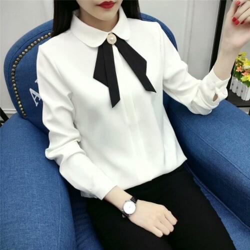 Women Chiffon White Shirt with Bow Casual Spring Fall Girls College Style Long Sleeve Student Blouse