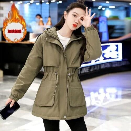 2021 Womens Jacket Winter New Thicken Add Velvet Warm Hooded Parkas Korean Fashion Drawstring Slim Waist Padded Coat Plus Size