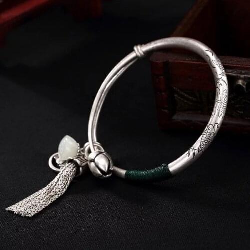 Light luxury carp lotus natural hetian jade tassel foot silver bracelet female 990 silver bracelet push pull solid retro