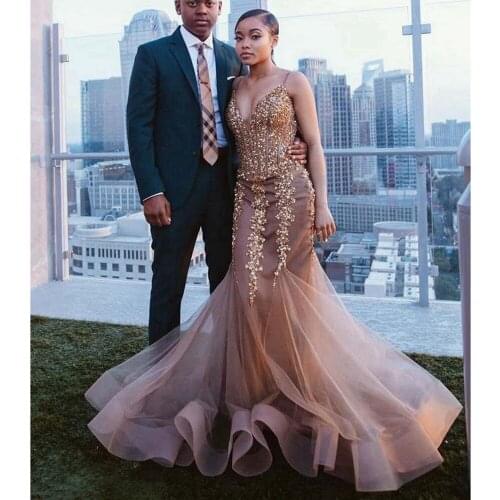 Plus Size Prom Dresses Long Mermaid Beads Pearls Spaghetti Straps Sweep Train African Ladies Prom Dress Party Gown 2019 DP0493