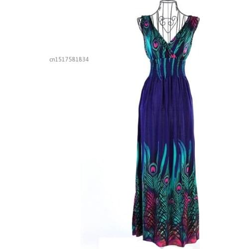 2021 Women Long Beach Dress Summer Peacock Tail Hawaiian V-neck Bohemian Dress B21