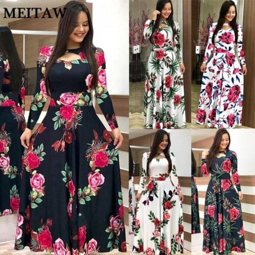 Elegant Spring Autumn Women Dress Bohemian Floral Print Maxi Dresses 2020 Casual O-Neck High Waist Dress Plus Size