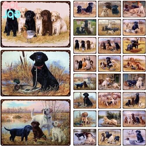 Golden Retriever Labrador Retriever Metal Sign Animal Plaque Dogs Playing In The Reeds Metal Painting Vintage Home Decoration