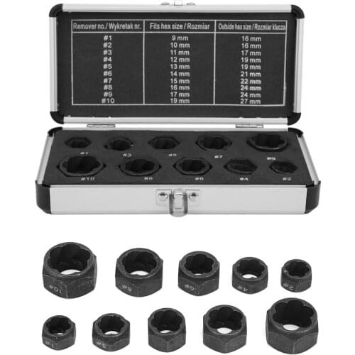 10Pcs Bolt Remover Hex Black Steel Damaged Nut Stud Extractor Removal Kit With Aluminium Box