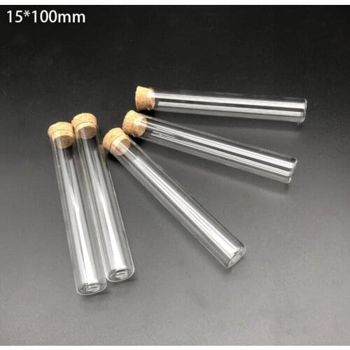 15x100mm Lab Clear Flat Bottom Glass Test Tubes With Cork Wooden Stoppers Laboratory Supplies 50pcs/Pack