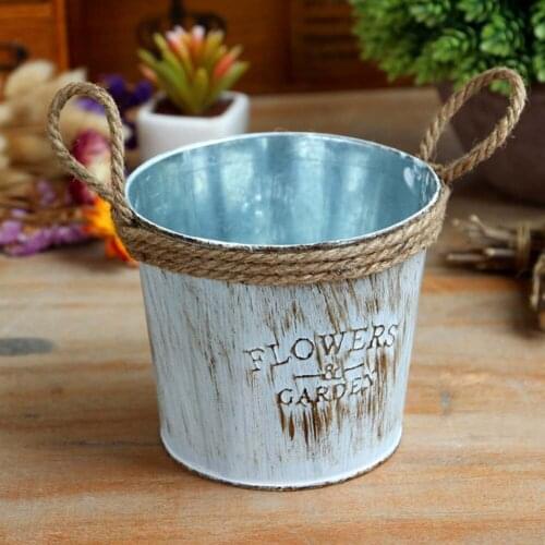 2 Pcs/lot Retro Iron Flower Bucket Pot With Jute Rope Handle Small Plant Flower Planter Holder Vintage Balcony Flower Tub