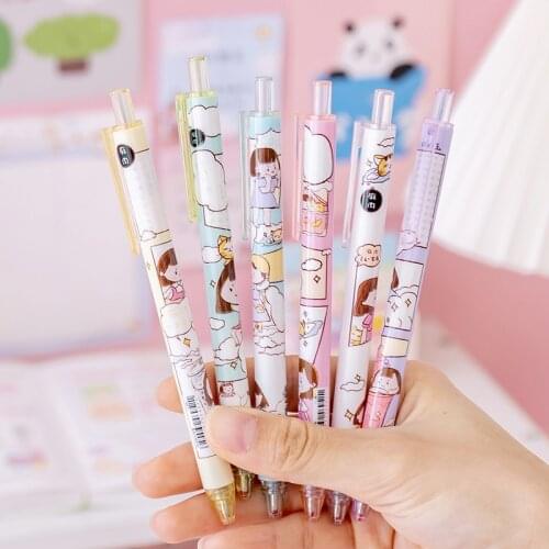2pcs Cute Hemp Ball Maiden Press Gel Pens Black Ink 0.5mm Student Kawaii Stationery Items Kids Prize School Office Suppliers