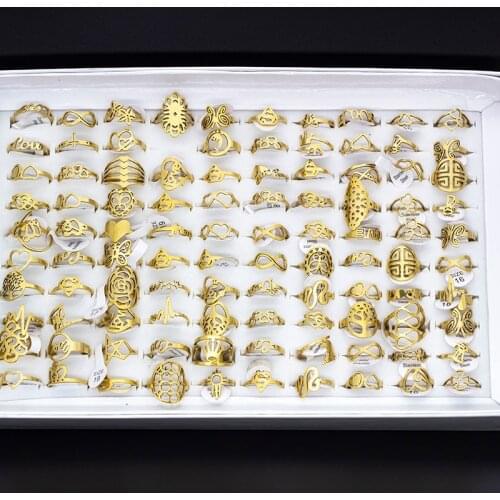 50Pcs/lot Mix Random Style Laser Cut Pattern Golden Color Stainless Steel Rings Women Party Ring