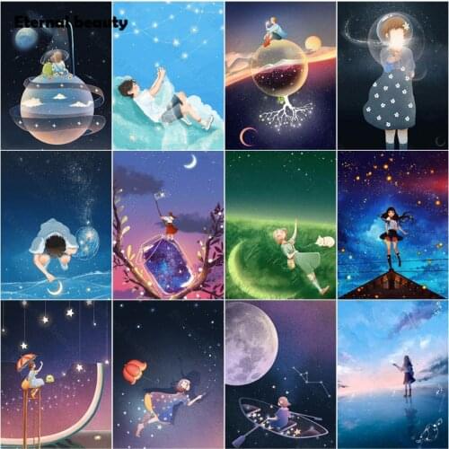 5D Diy Diamond Painting Cartoon Anime Characters Sitting Under The Stars Cross Stitch Kits Handmade Gift Wall Art Home Decor