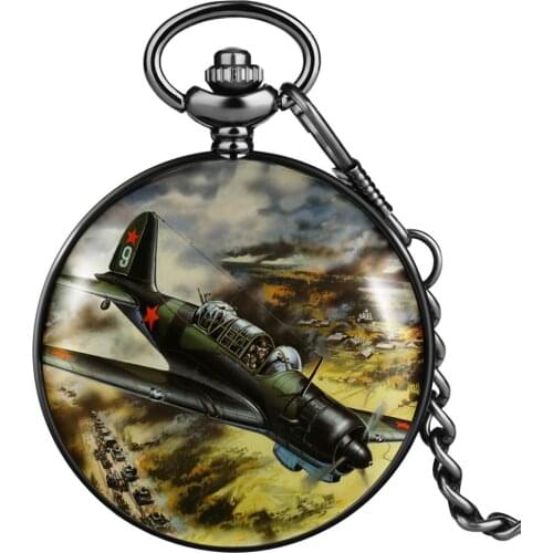 3D Spitfire Fighter World War II Aircraft Printing Quartz Pocket Watch Chain Jewelry Army Military Souvenir Gifts for Men Women