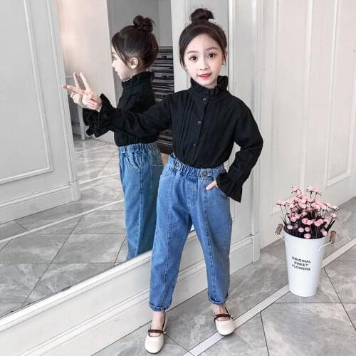 Sweet Children Girls Clothing 2 pieces Suit Ruffle Shirts Tops Pants High Waist Jeans Spring Autumn Casual outfit For Girls Sets