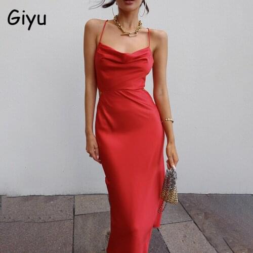 Giyu Night Club Party Satin Long Dresses Women Summer 2021 Sexy Backless Bodycon Vestidos Casual Elegant Robe Lace Up Red Dress