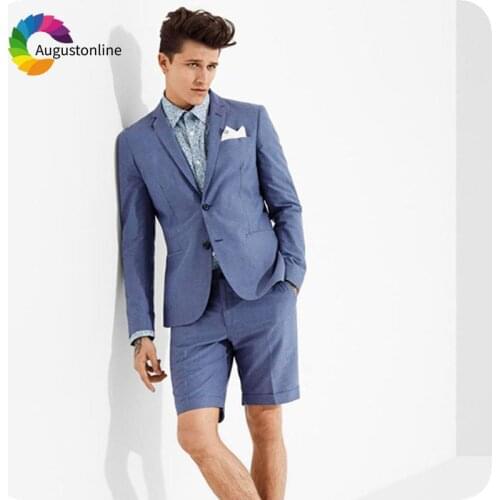 Custom Made Blue Men Short Pants Suits for Weddings Casual Summer Male Blazer Slim Fit Groom Tuxedo 2Piece Jacket Costume Homme