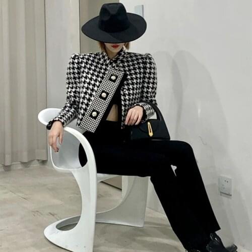 Early Fall Trendy Brand Classic Vintage Houndstooth Stripe Stitching Tweed Pearl Buckle Long-Sleeved Casual Ladies Short Jacket