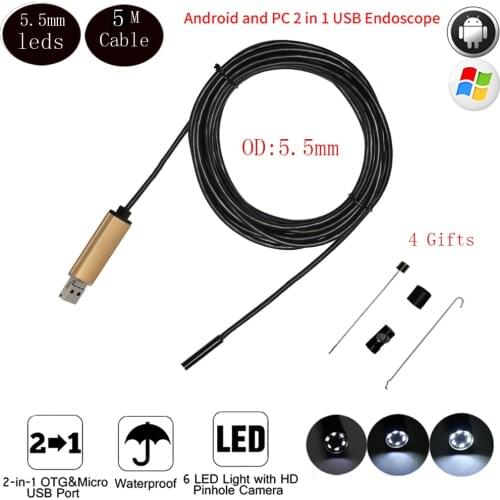 6 LED Mini Camera Mini Usb Endoscope Camera 5M Cable for Android Endoscope 5.5mm Lens Waterproof Borescope Inspection