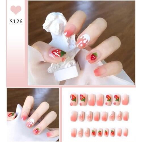 Fake Nails with Sticker Press on Nail Tips Fashionable Strawberry Short Square Designs Colorful Artificial False Nail Decoration