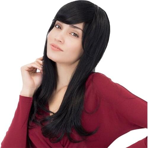 Natural Long Straight Human Hair Wig Full Black Wigs Bangs for Women