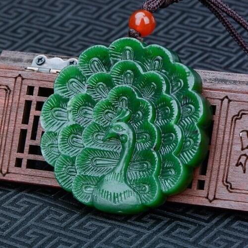 Natural 7A green jade pendant hollow hand-carved peacock jade pendants brand men women jadeite jade jewelry jade necklace women