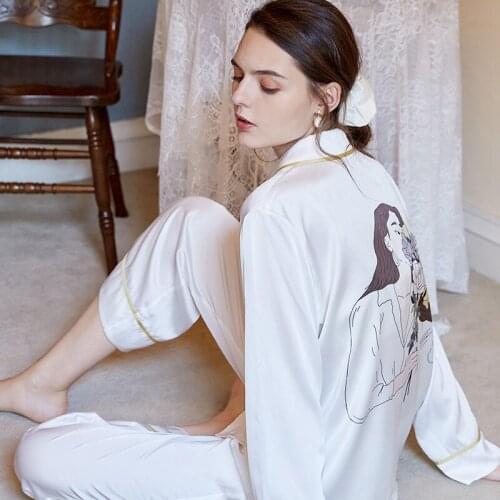 Autumn Silk Pajamas Womens French Solid Color Printing Sleepwear White Long Sleeve Two Piece Set Satin Night Wear Home Suit