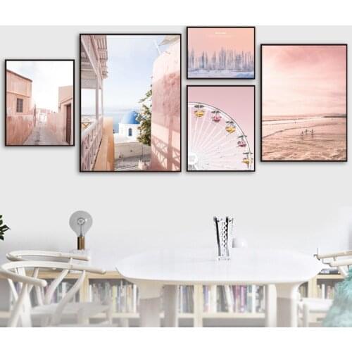 Landscape Pink Sky House Ferris Wheel Forest Wall Art Canvas Painting Nordic Posters And Prints Wall Pictures For Living Room