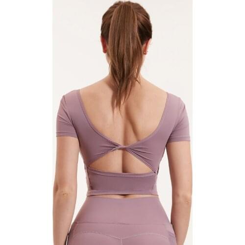 Sexy Backless Yoga Shirt Gym Quick Dry Breathable Short Sleeve Sport Slim T-shirt Running Jogging Tops With Removable Padded