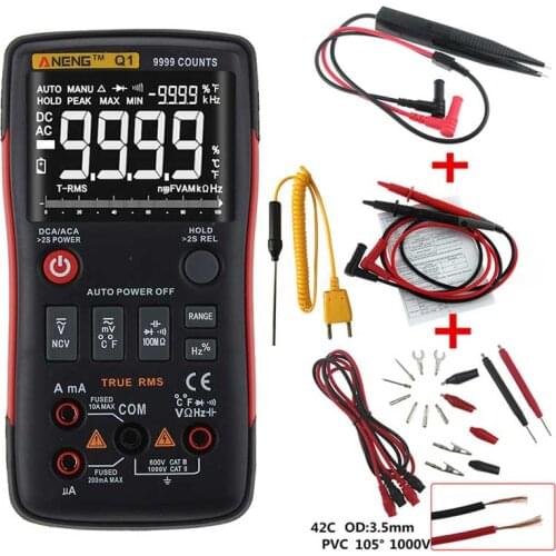 Q1 True-RMS Digital Multimeter Transistor Tester Auto Button 9999 Counts With Analog Bar Graph AC/DC Voltage Ammeter Current Ohm