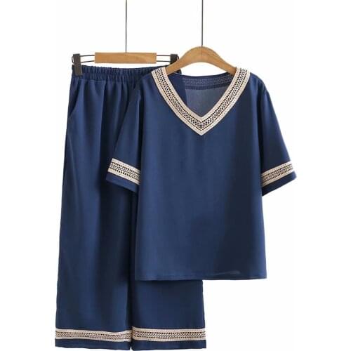 Plus size short sleeve V-Neck Ice silk crinkle lace tshirts and Wide leg pants women sets 2021 new summer ladies 2 pieces female