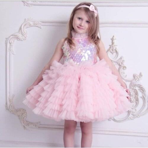 Pink New Girls Dresses Puffy Tulle Sequined Top Children Birthday Dress Kids Clothes New Wedding Party Gowns for Girls