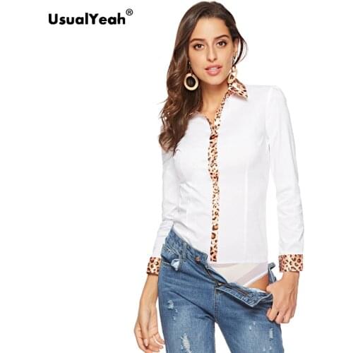 UsualYeah New Formal Shirts Long sleeve Cotton OL Body Blouse Shirt Patchwork Leopard Button blusas White Black SY0391