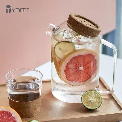 YMEEI Creative Glass Cork Water Kettle Wooden Cover Flower Teapot Heat-resistant Juice Cold Kettle With Cork Lid Coffee Pitcher