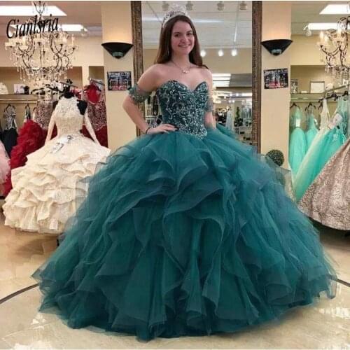 Dark Green Gorgeous Short Sleeves Ruffles Ball Gown Quinceanera Dresses Sweetheart Beading Crystals Sweet 16 Prom Party Dress