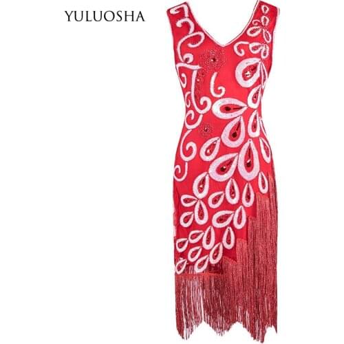YULUOSHA Long Prom Dresses Sexy Sleeveless Sequined A-Line Tassel Knee-Length Party Dress Vestidos Largos De Fiesta Women Dress