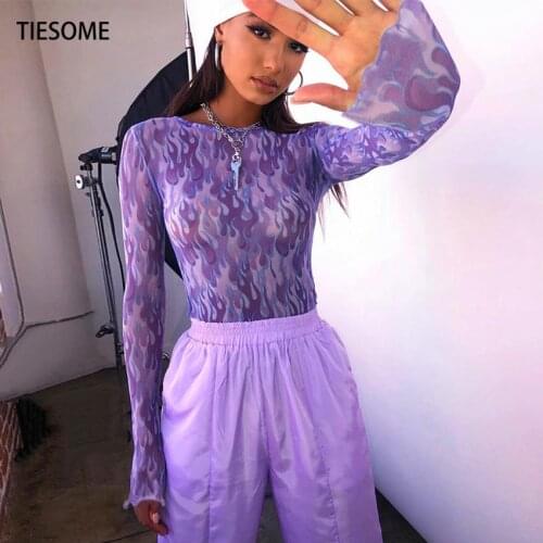 TIESOME 2021 New Fashion Flame Print Purple Mesh Crew Neck T-shirt Women Sexy Clothes Spring Summer Top Tee Streetwear Shirt Y2K