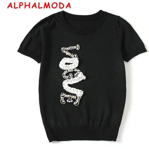 ALPHALMODA Vogue Fashion Knitted Summer Sweater Short-sleeved Crystal Beaded Fur Pattern Women 2018 Stylish Knitted Tshirts
