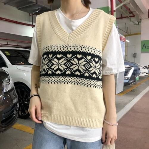 2020 Korean New Women Sweater Vest Autumn Style Vintage Geometric Argyle V Neck Sleeveless Pullover Knitted Woman Sweaters Tops