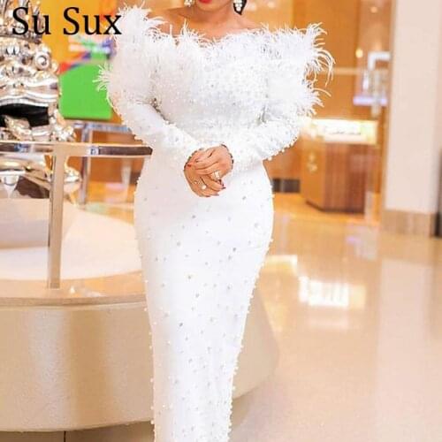 Feather Beading Party Dress Women Bodycon Bandage White Maxi Dress Slash Neck Long Sleeve Long Robe Vestidos 2021 Autumn