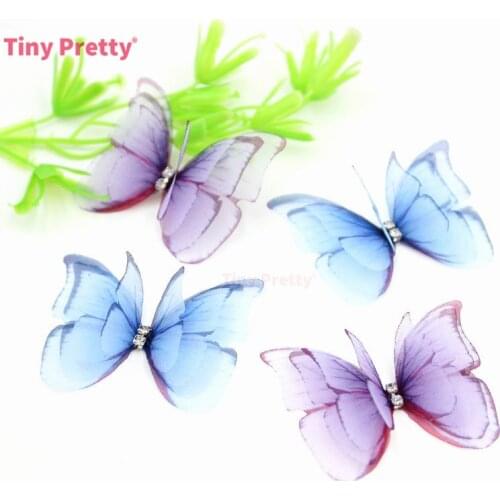 10PCS Handmade Organza Butterflies w/ rhinestones 4-layer Printed Purple Blue Color Butterflies for DIY Jewelry Making