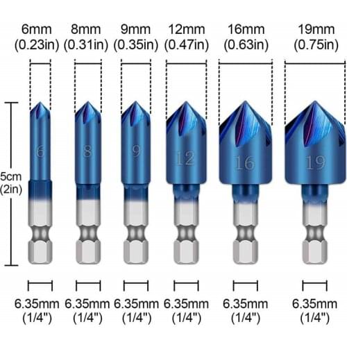 6Pcs/set HSS Countersink Drill Bit Blue Coated 90 Degree Hexagonal Shank 5 Blade Chamfering Tool 6-19mm Woodworking Drill Bits