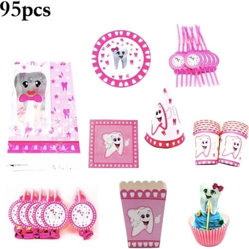 95pcs Pink Teeth Straws Napkins Plates Cups Popcorn Boxes Girl‘s Teeth Birthday Party Decorations Baby Shower Party Supplies