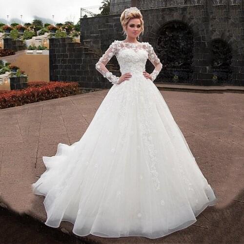 Ball Gown Wedding Dress Princess Ivory 3D Flower Lace Appliques Muslim Bridal Wedding Gowns Plus Size vestido de novia