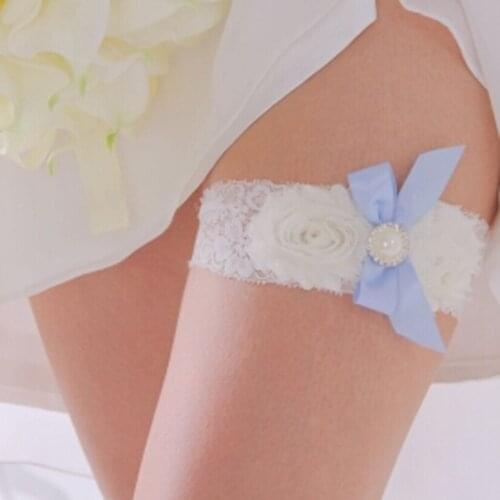 White Lace Wedding Bridal Garter Toss Flower Leg Harness Blue Bow Bridal Lace Leg Ring Loop Diammate Pearl Buckle