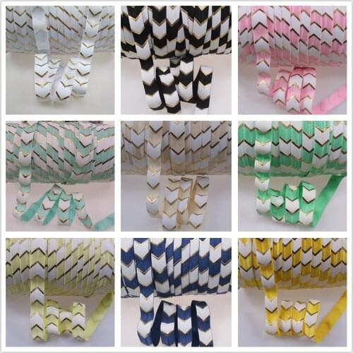 Big gold foil chevron with white ink print foe, 5/8"Fold Over Elastic 50 yards/ lot