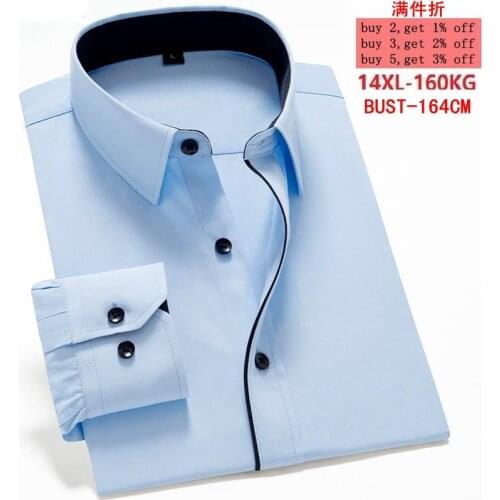 Large size 9XL 10XL 11XL Mens Long Sleeve Lapel Solid Color Business 12XL 13XL 14XL Office Blue Casual Shirt