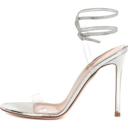 Rhinestone Black Sliver Cross Buckle Strap Transparent PVC Thin Heels Sandals Diamond Crystal Woman Party High Heel Sandals