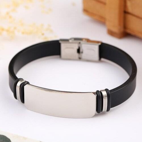 Stainless Steel Curved Tube ID Bar Men Bangle Original Bracelet Black Silicone 10mm Width Adjustable Bracelets Jewelry 10pcs