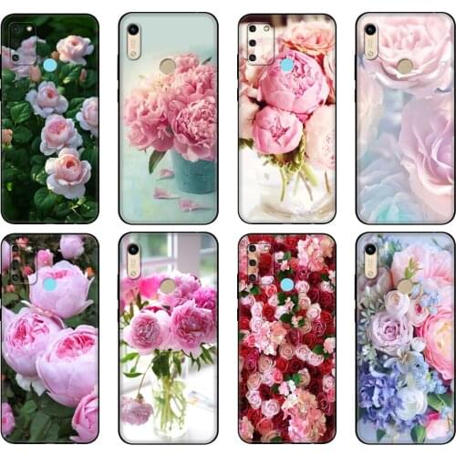 Black tpu Case For Huawei Honor 8a Prime 8s Prime 9 Lite honor 9A 9C 9X Premium 9x Pro 9S Case Cover Pink Flower Peony Vase