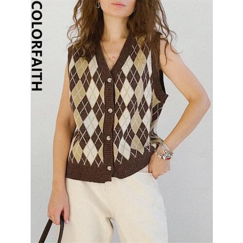 Colorfaith 2021 New Autumn Winter Women Sweaters V-Neck Sleeveless Oversized Retro Vest Checkered Waistcoat Lady Tops SWV1388JX