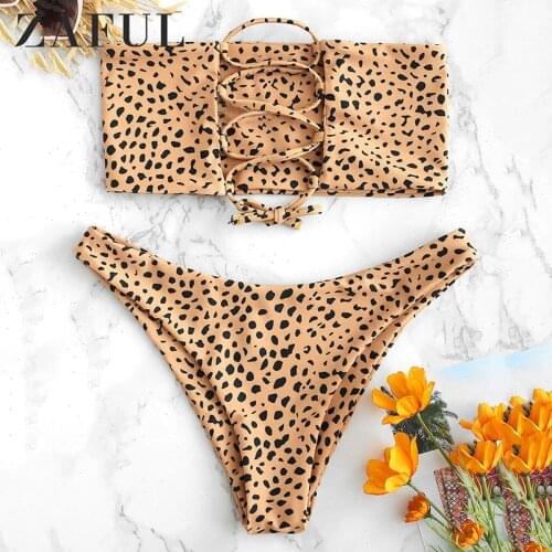 ZAFUL Back Lace-Up Leopard Bikini Set Bandeau Print Swimwear Women Swimsuit Bathing Suit Biquinis Female Beach Maillot De Bain
